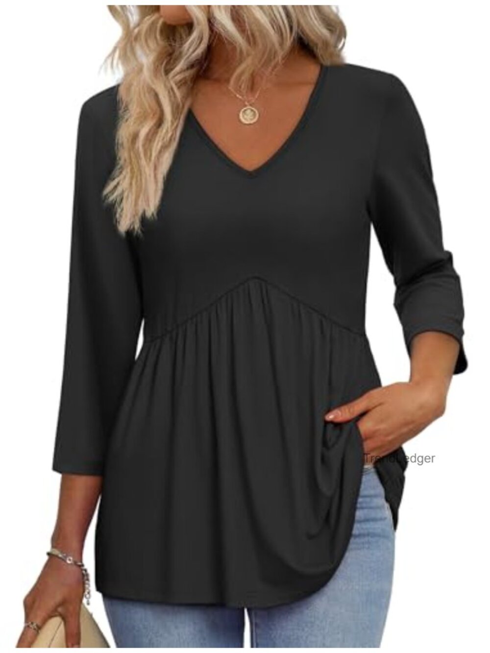 Women's 3/4 Sleeve V Neck Babydoll Blouse - Loose Fit Flowy Tunic Top